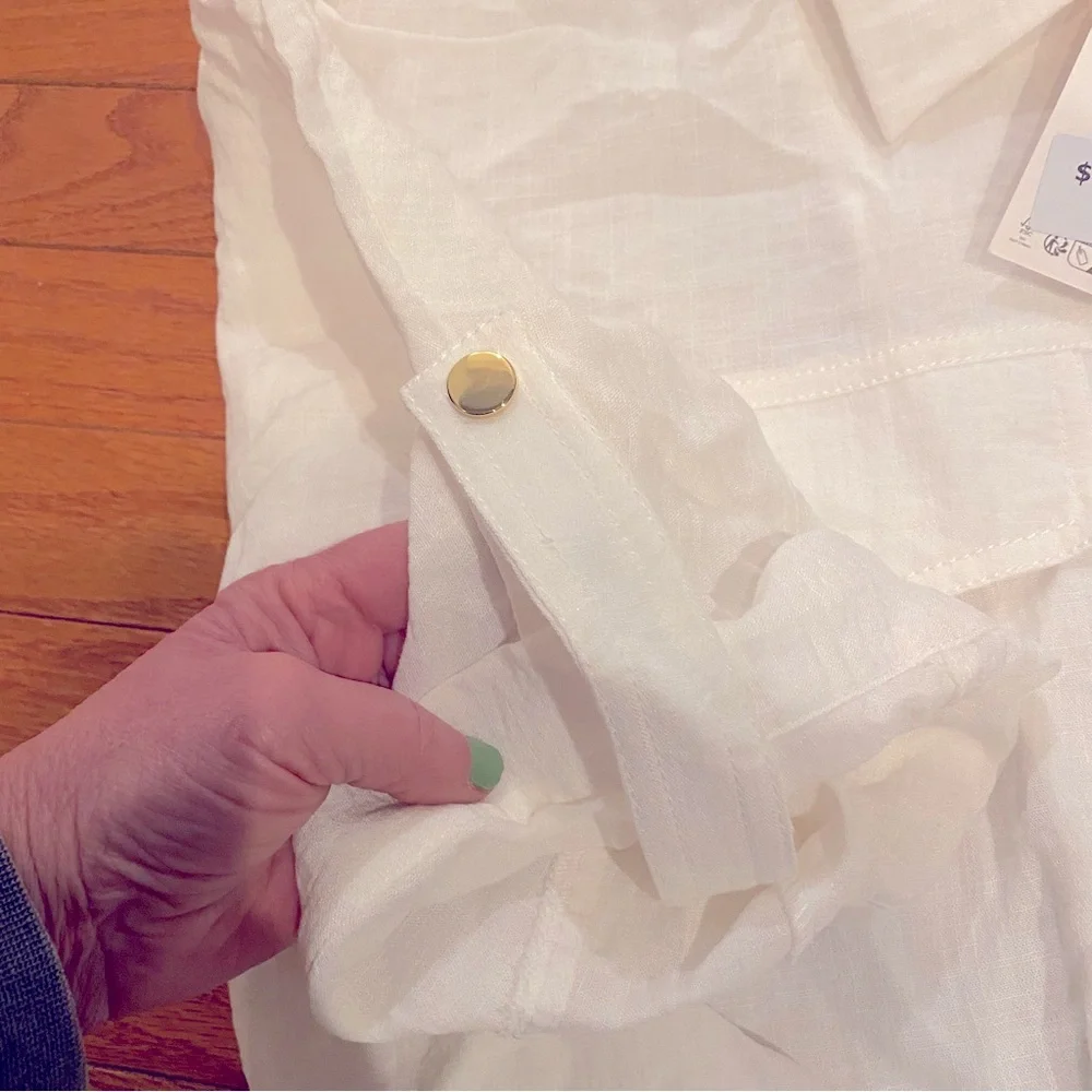Zara NWT shirt sleeve safari blouse gold accents elastic at waist size small
